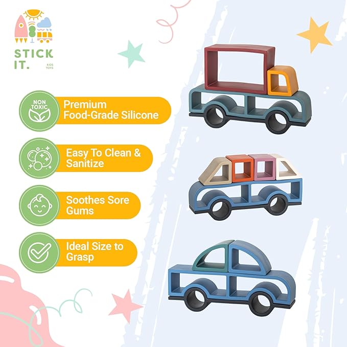 Stick It Montessori Food Grade Silicone Stacking Vehicles, 14 Pcs Toddler Baby Building Blocks Teether Educational Open Ended Shapes STEM Toy, 18+ Months (Car)