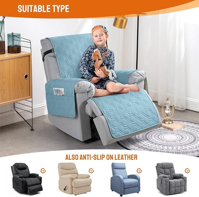 VANSOFY 100% Waterproof Recliner Chair Covers, Recliner Cover Non-Slip Dog Chair Cover Furniture Protector Washable Slipcover with Pocket, Elastic Straps for Pets, Dogs(Azuree, 23.6")