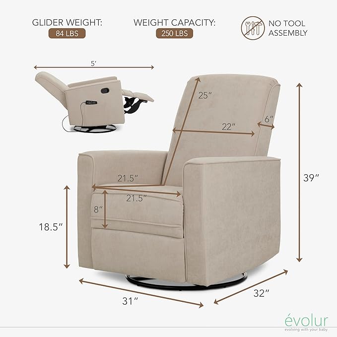 Evolur Raleigh Glider with Massager in Charcoal, Upholstered Plush Seating 360° Swivel Glider Rocking Chair, FSC Certified, Greenguard Gold & JPMA Certified Nursery Glider Recliner