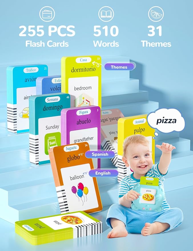 Spanish & English Talking Flash Cards for Toddlers 1-3 Years Old, 510 Sight Words Bilingual Learning Toys for Children, Autism Pocket Speech Therapy Toys, Española Vocabulary Educational Flashcards