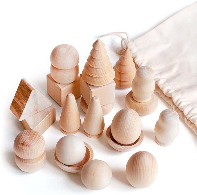 Ulanik Wonderful Bag Toddler Montessori Toys for 3 Year Old + Unfinished Wooden Figurines for Shape Sorting & DIY Painting Pyrography Decoupage Crafts β 20 pcs