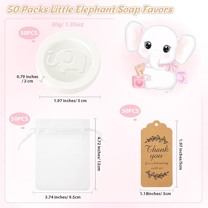 Roowest 50 Packs Mini Elephant Soap Baby Shower Favors 50 Bags 50 Thanks