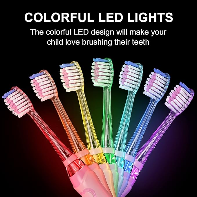 SEAGO Kids Electric Toothbrush with 2 Mins Brushing Timer and 4 Replacement Bursh Heads, Rainbow LED Light Make Brushing Fun, Green Color Boys Battery Powerd Toothbrush for 4-12 Years Old,SG-977