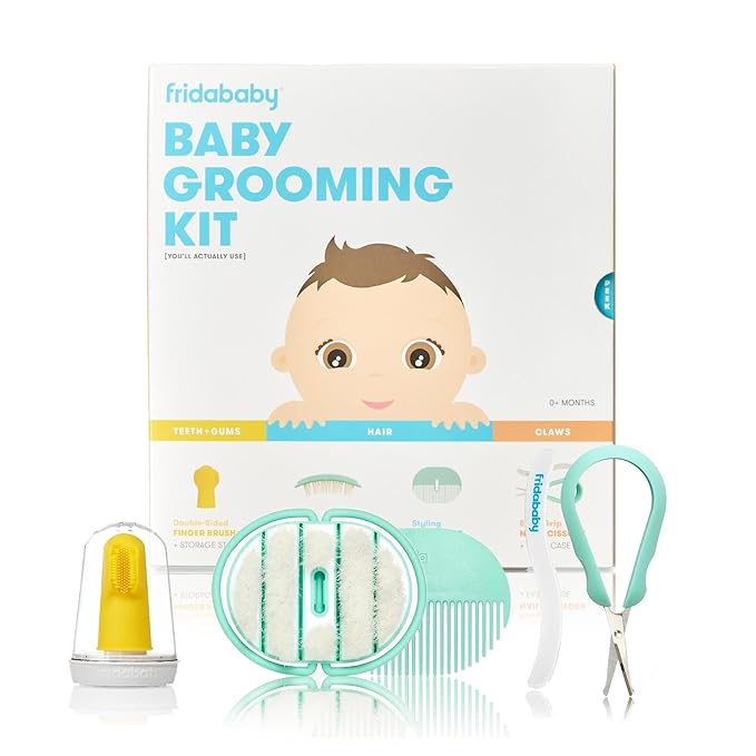 Frida Baby Grooming Kit | Baby Essentials Gift Set Includes Finger Brush with Storage Stand, Hair Brush with Case
