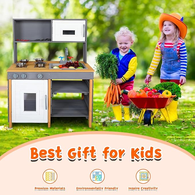Wooden Mud Kitchen, Outdoor Play Kitchen with Removable Sink,Water Box & Faucet,Stove Top, Storage Bags& Metal Basket,Kitchen Backyard Outdoor Pretend Kitchen for Kids