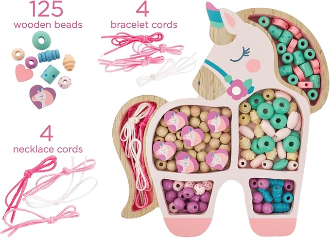 Stephen Joseph, Wooden Bead Kit for Kids, 125 Wooden Beads with 4 Necklace and 4 Bracelet Cords with Reusable Wooden Tray, Premium Wood Jewelry Making Kit for Kids, Mushroom