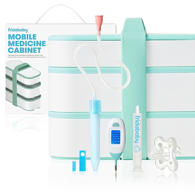 Frida Baby Mobile Medicine Cabinet Travel Kit | Baby Essentials Gift Set Includes NoseFrida Snotsucker, Rectal Thermometer