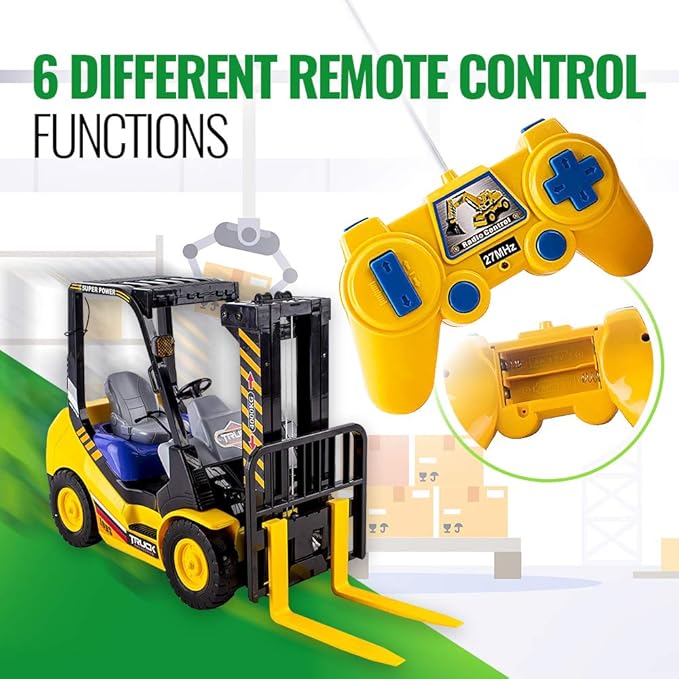 WolVolk 6-Channel Electric Remote Control Forklift - Functional RC Lighted Fork Lift Toy w/Pallet, Barrel