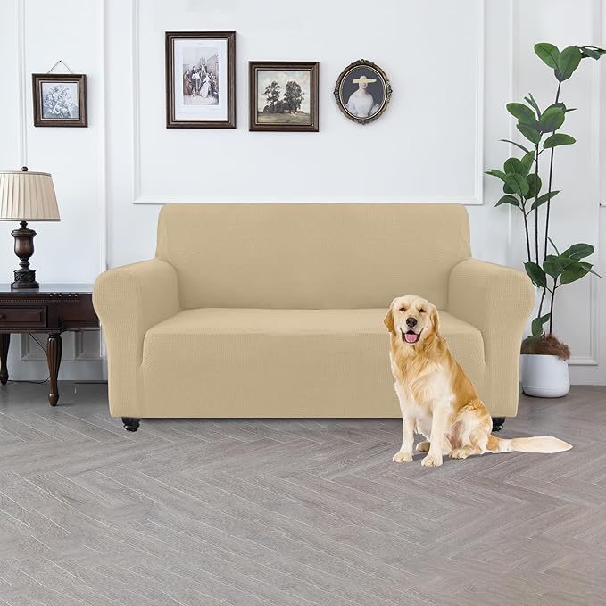 100% Waterproof Jacquard Fabric Couch Cover, Dual Layer with TPU Film, Leakproof High Elasticity Non-Slip Washable Furniture Protector for Pets, Dogs, Cats and Kids (Loveseat,Natural Color)