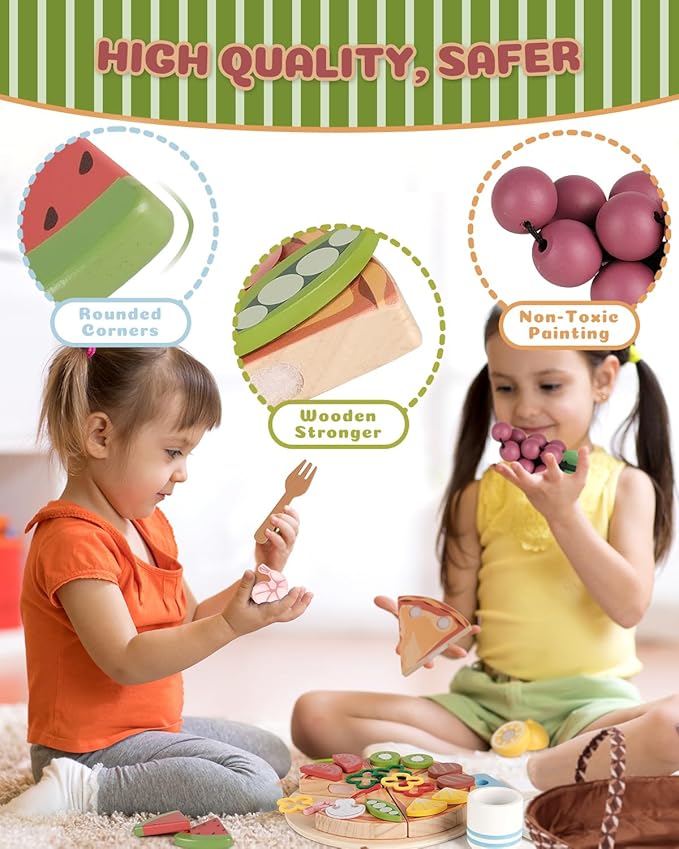 Wooden Pizza Toy, Wooden Food Toys for Toddlers 1-3, Wooden Play Food with Basket, Pretend Play Toys for Kids, Kitchen Playset for Toddlers 3-5, Cutting Food Toys, Gift for Girls Boys 3 4 5 6