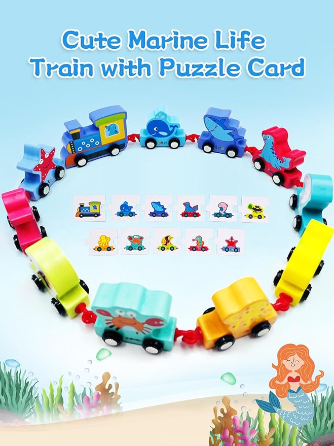 Wooden Ocean Animals Train Set Toy for 2 3 4 2-4 Boy 1-2-4.