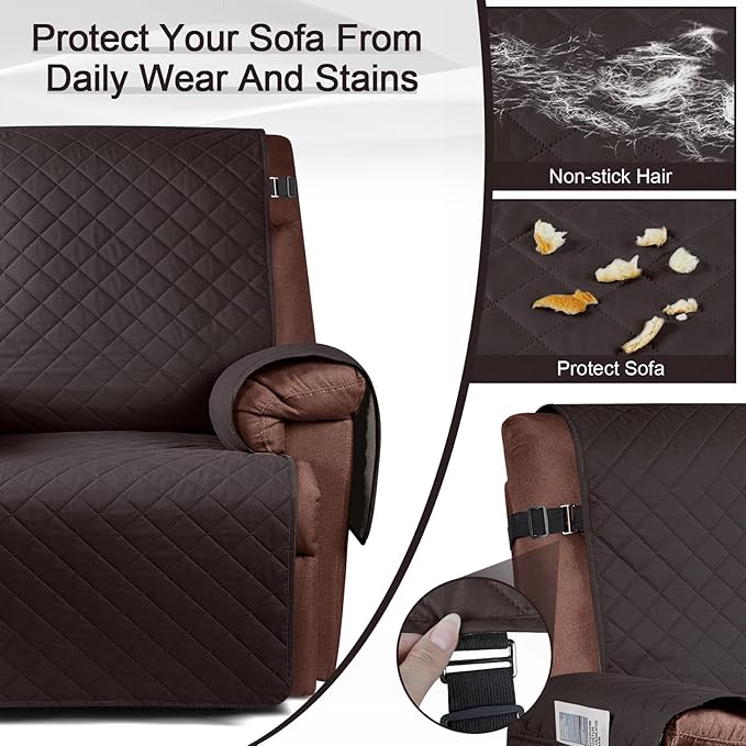 KinCam 100% Waterproof Recliner Chair Cover, Reclining Couch Covers for Pets, Dogs, Recliner Couch Slipcover Furniture Protector with Elastic Straps for Kids(30", Chocolate)