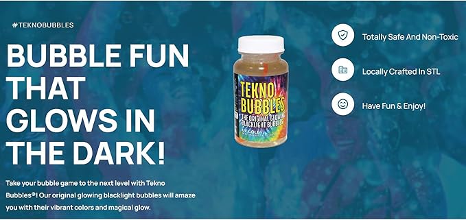 Atomic Bubbles: Tekno Bubbles 64oz Smart Pouch Refill - Blue - UV Blacklight Glow Bubbles, Glow Parties, Indoor & Outdoor, Safe for Kids, Non-Toxic