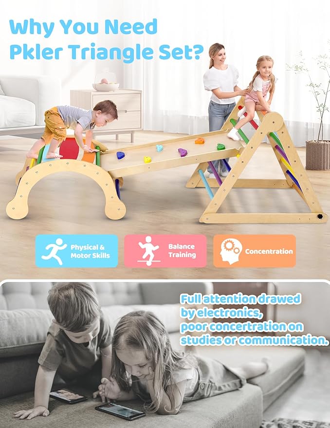 YOLEO Large Pikler Triangle Set, Wooden Toddler Climbing Toys Indoor with Safer Sturdy Base, Montessori Pikler Triangle Climbing Set for Kids' Indoor Climber & Playground & Jungle Gym (Rainbow)