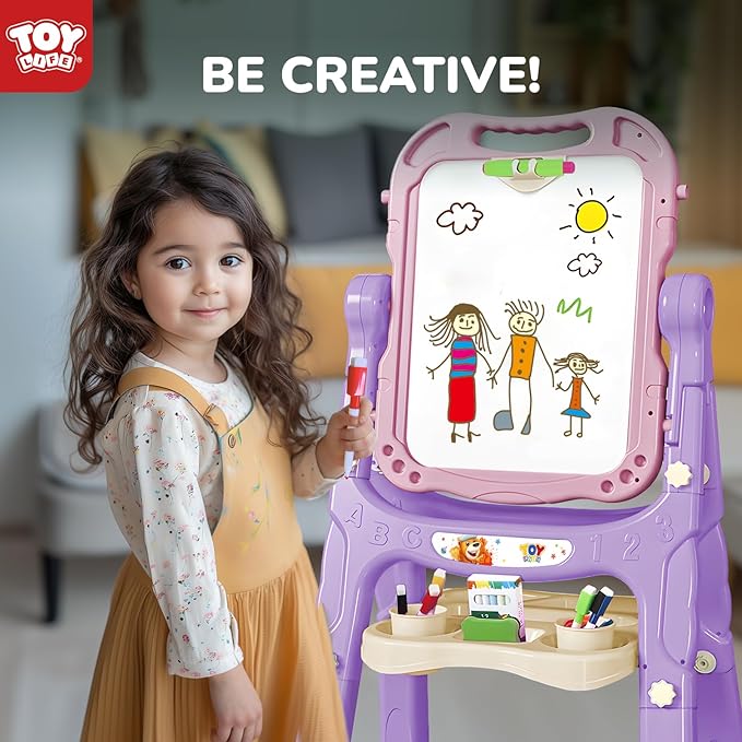 TOY Life Easel for Kids Art Easel for Toddler Easel - 4in1 Double-Sided Large Magnetic Board Kids Chalkboard Easel Drawing White Board for Kids Magnetic Letters & Numbers Pink Easel for Girls