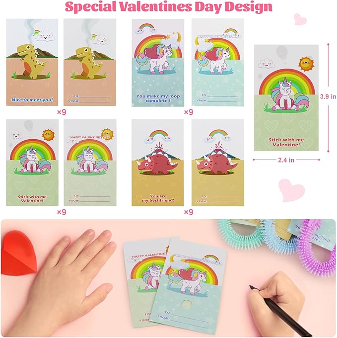 Valentines Day Gifts for Kids - 36Pcs Dinosaur Unicorn Treats Valentines Day Cards for Kids School,Dino Sensory Fidget Toys for Boys Girls Students Classroom Exchange Party Favors Goodies Prize Stuff