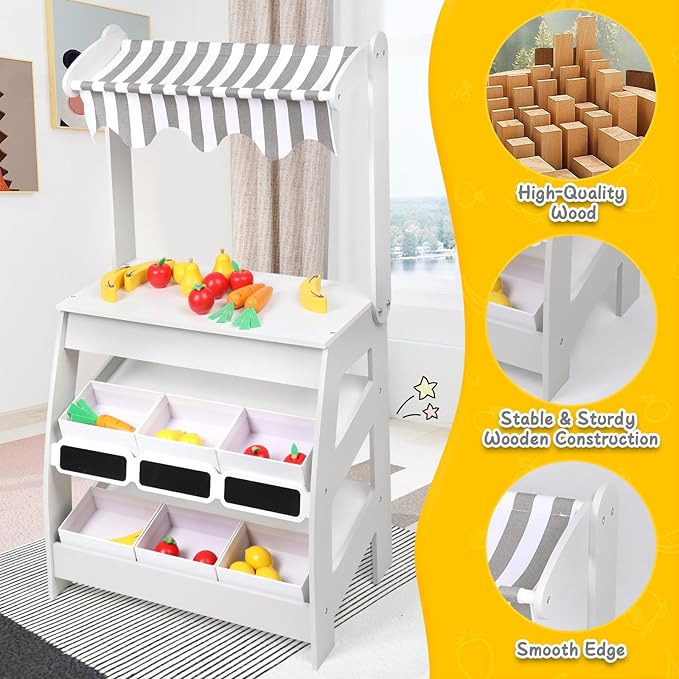 Wooden Market Stand Toy, Pretend Play Grocery Store Playset for Toddler, Fruit Vegetable Stand Selling Stall Shop with 24 PCS Food Accessories for Kids 3+