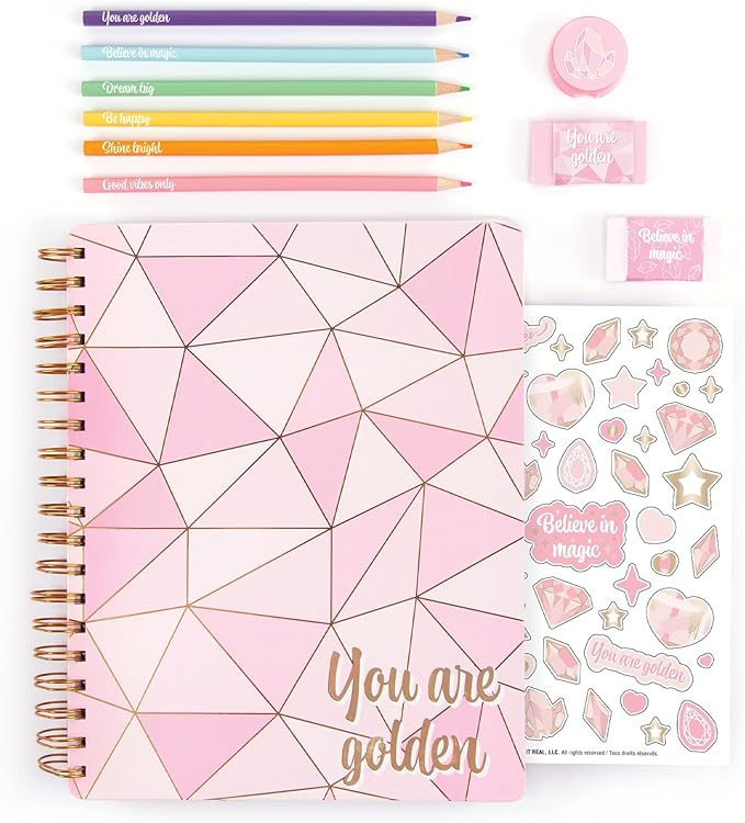 Three Cheers for Girls - Pink & Gold All-In-1 Sketchbook Set - Girls Diary, Journal, Sketch Book for Kids w/ Pencils, Stickers & More - Drawing Kit for Kids - Unlined Diary for Girls - Kids Sketch Pad