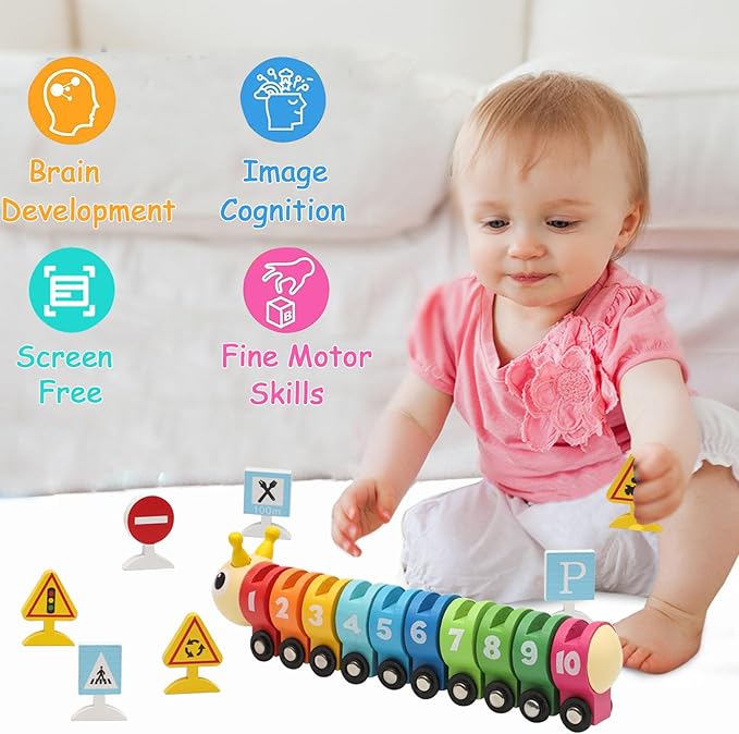 Montessori Toys for 1 2 3 Year Old, Wooden Caterpillar Number Train Set Toys with Street Signs 2-4 Year 1-3, Birthday 2 3