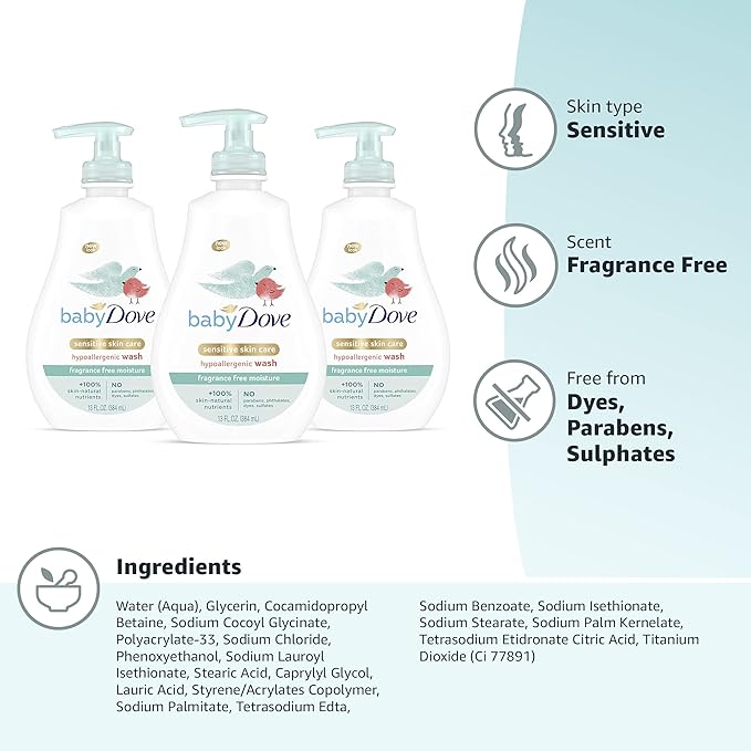 Baby Dove Tip to Toe Baby Body Wash For Baby's Sensitive Skin Sensitive Moisture Washes Away Bacteria, Fragrance-Free and Hypoallergenic Baby Soap 13 Fl 3)