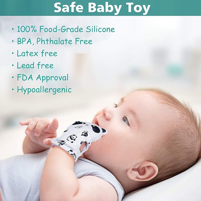 Baby Teething Mitten Panda Teether Mitten with Baby Toothbrush & Toy(2 Mittens
