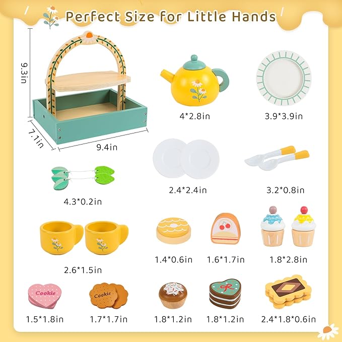 Tea Party Set,Tea Sets for Toddlers 3-5,Kids Tea Set with Dessert Cookies & Cake Stand, Non-Toxic Wooden Tea Party Set,Pretend Play Toys Toddler Tea Set for Girls Birthday Gifts