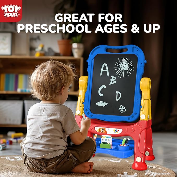 TOY Life Easel for Kids Art Easel for Toddler Easel - 4in1 Double-Sided Large Magnetic Board Kids Chalkboard Easel Drawing White Board for Kids Magnetic Letters & Numbers Birthday Gifts for Kids