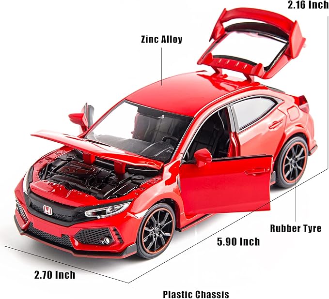 Compatible for 1:32 Diecasting Alloy Honda Civic Type-R Car Model Toy Car,Pull Back Alloy Car with Lights and Sound, Open Door Cars for Kids Ages 3-5