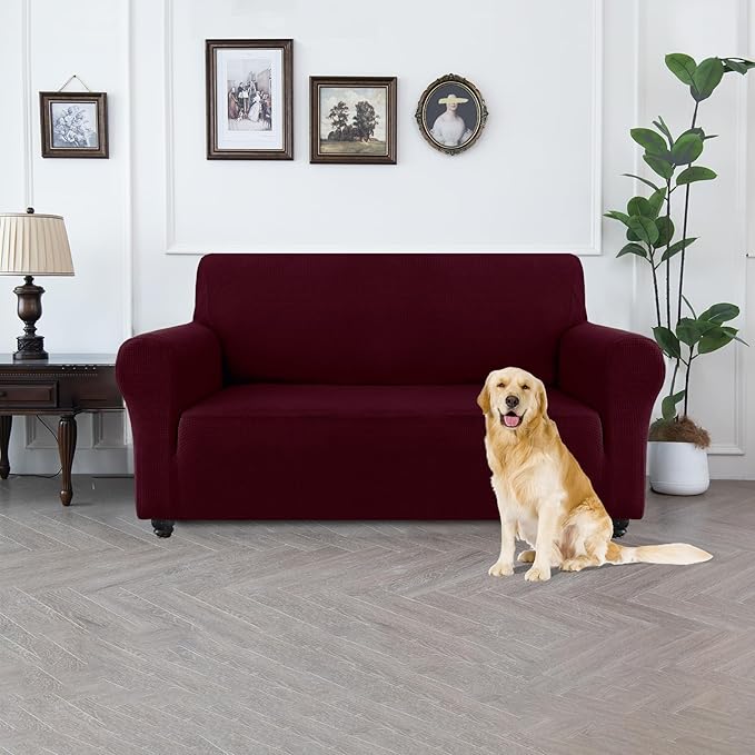 100% Waterproof Jacquard Fabric Couch Cover, Dual Layer with TPU Film, Leakproof High Elasticity Non-Slip Washable Furniture Protector for Pets, Dogs, Cats and Kids (Loveseat,Wine)