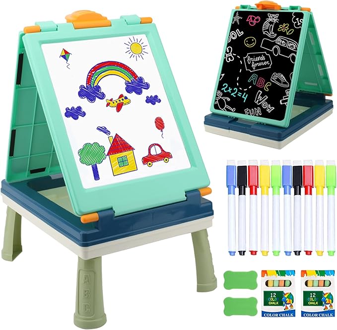 Table Art Easel for Kids, Double Sided Foldable Tabletop Drawing Easels Chalkboard Desk with Graffiti and Board Game Accessories Supplies for Boys and Girls (Blue)