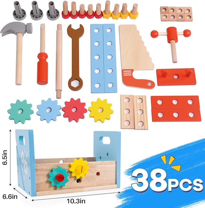 Bravmate Wooden Tool Set for Kids 2-5 Years Old - 38pcs Take-Along Toddler Tool Kit with Tool Box, STEM Montessori Toys Christmas Birthday Gift for 2 3 4 5 Year Old Boys Girls