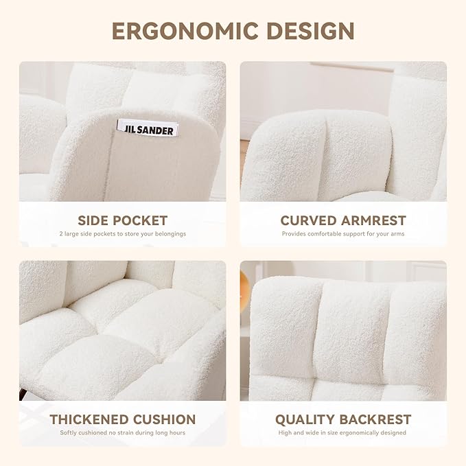 COMHOMA Nursery Rocking Chair, Teddy Upholstered Glider Rocking Chair with Side Pockets, Accent Chair with High Backrest Reading Chair for Adult, Nursery, Bedroom, Living Room,Offices (White)