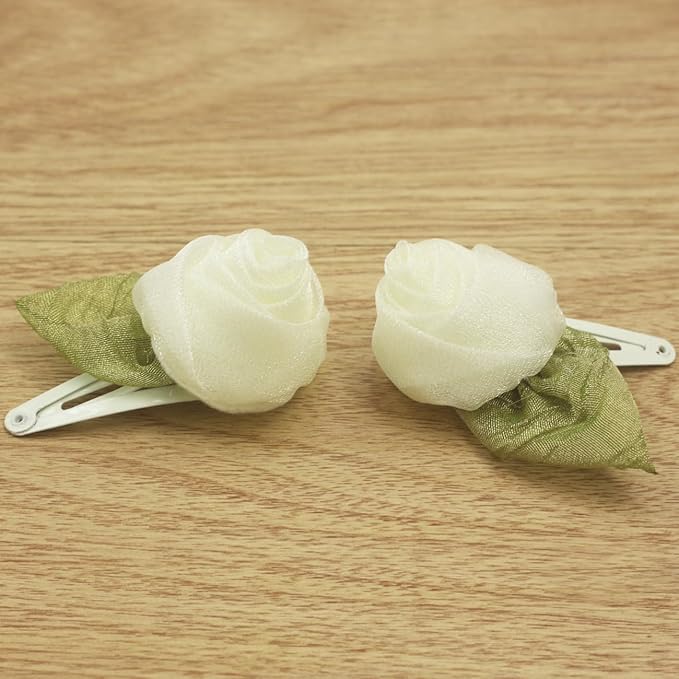 Off white Organza Rose Flower Snap Clips for little Girls -2Pcs