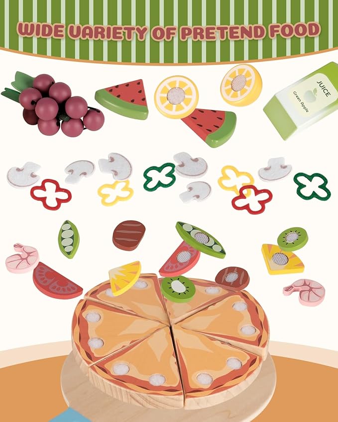 Wooden Pizza Toy, Wooden Food Toys for Toddlers 1-3, Wooden Play Food with Basket, Pretend Play Toys for Kids, Kitchen Playset for Toddlers 3-5, Cutting Food Toys, Gift for Girls Boys 3 4 5 6