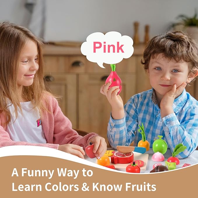 WHOHOLL Wooden Play Food Toys for Kids Kitchen Playset, Play Kitchen Accessories with Apron Pretend Cutting Food Montessori Toys for 1+ Year Old Girls and Boys