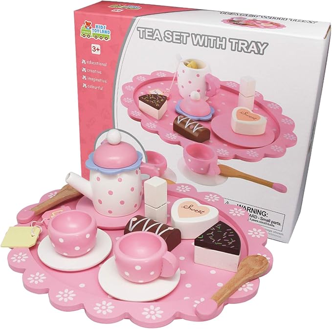 Wooden Tea Set for Little Girls, Wooden Toys Toddler Tea Set Play Kitchen Accessories for Kids Tea Party with Play Food for 1 2 3 Years Old Kids