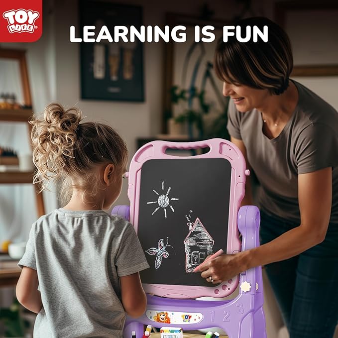 TOY Life Easel for Kids Art Easel for Toddler Easel - 4in1 Double-Sided Large Magnetic Board Kids Chalkboard Easel Drawing White Board for Kids Magnetic Letters & Numbers Pink Easel for Girls