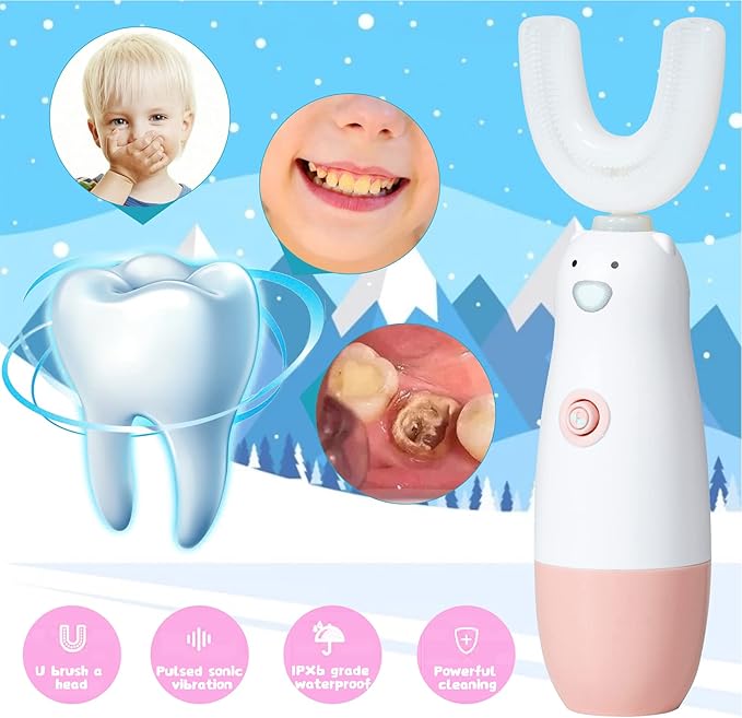 Kids Electric Toothbrush,6 Cleaning Models Toddler Toothbrush Waterproof Battery Powered 360 Automatic Sonic u Shaped Toothbrushes for 2-7 Years Old for Boys Girls(Pink)