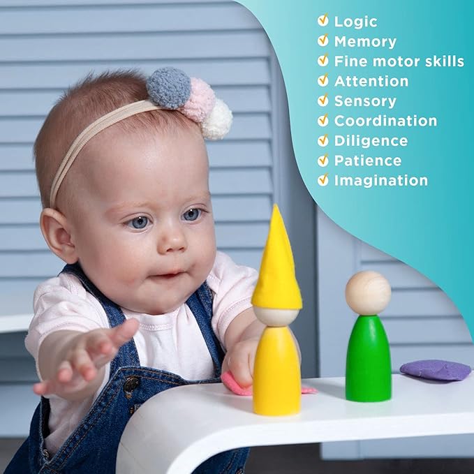 Ulanik Large Peg Dolls with Hats and Beds Toddler Montessori Toys for 3 Year Old + Wooden Waldorf Dolls for Learning Color Sorting and Counting β 12 Gnomes