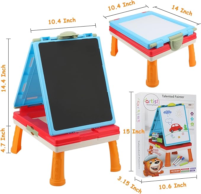 Table Art Easel for Kids, Double Sided Foldable Tabletop Drawing Easels Chalkboard Desk with Graffiti and Board Game Accessories Supplies for Boys and Girls (Red)