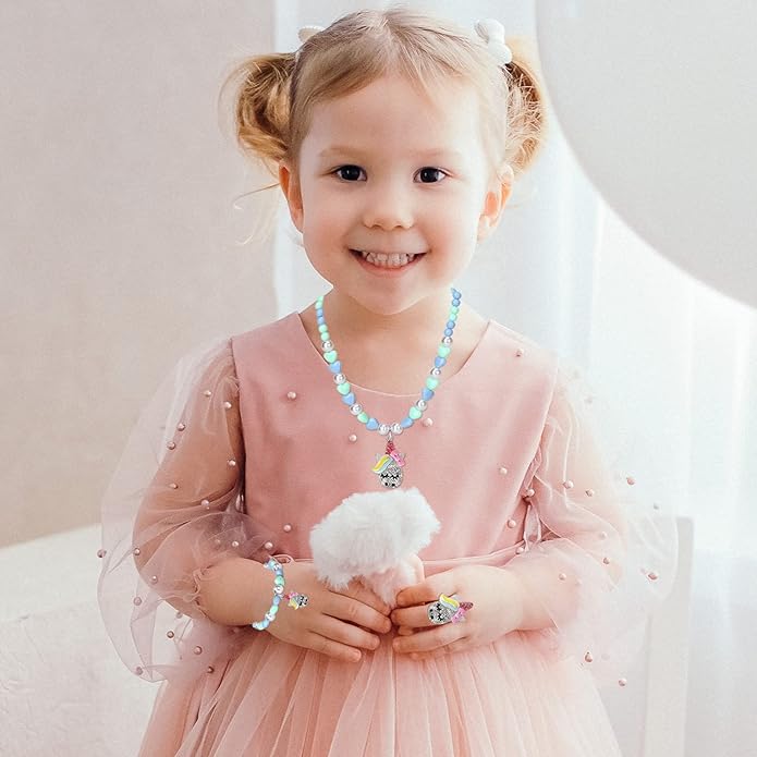 Unicorn Jewelry Set, Kids Unicorn Jewelry for Girls Included Necklace Bracelet Ring, Little Girl Jewel Necklace Set Cute Toddlers Unicorn Pendant,Pretend Dress up Jewelry Gift
