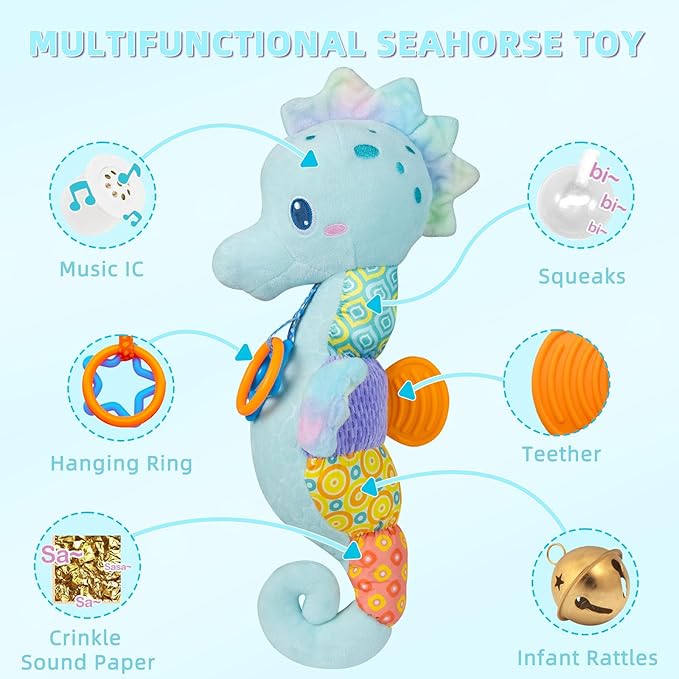 Baby Toys 0-6 Months,Infant Musical Seahorse Stuffed Animals Sensory Toys with Bright Colors 0-12 Months-Blue