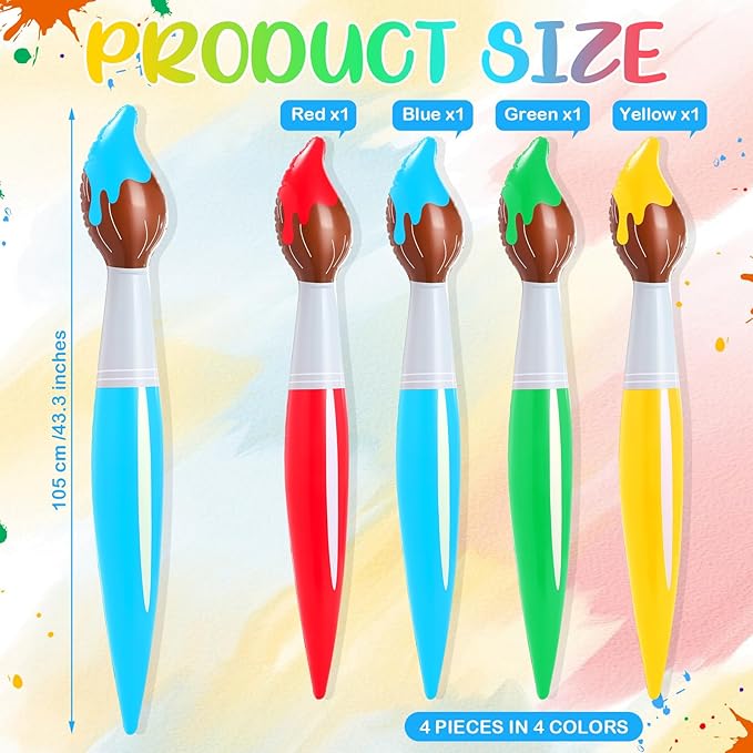 43.3 Inch Giant Inflatable Paint Brushes Large Blow up Colored Paintbrushes Set Art Paint Brushes for Kids Summer Birthday Party Favor Decoration Back to School Classroom, 4 Color