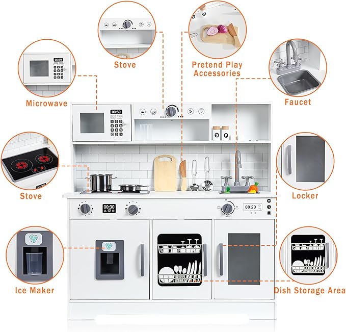 Wooden Play Kitchen - Kids Kitchen Playset with Cookware Accessories, Microwave, Oven, Sink, Real Lights & Sounds - Perfect for Chef Pretend Play, White
