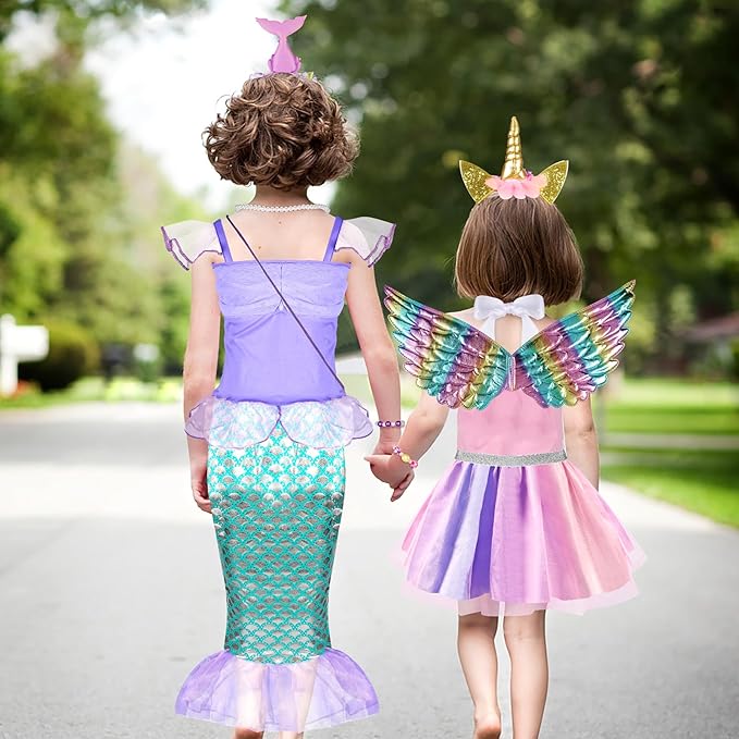 Toddlers Princess Dress Up Clothes for Little Girls 3 4 5 6, Unicorn & Mermaid Kids Dress Up Princess Costume with Wing, Shoes, Play Jewelry, Kids Pretend Play Princess Toys Gifts for Girls Toddlers