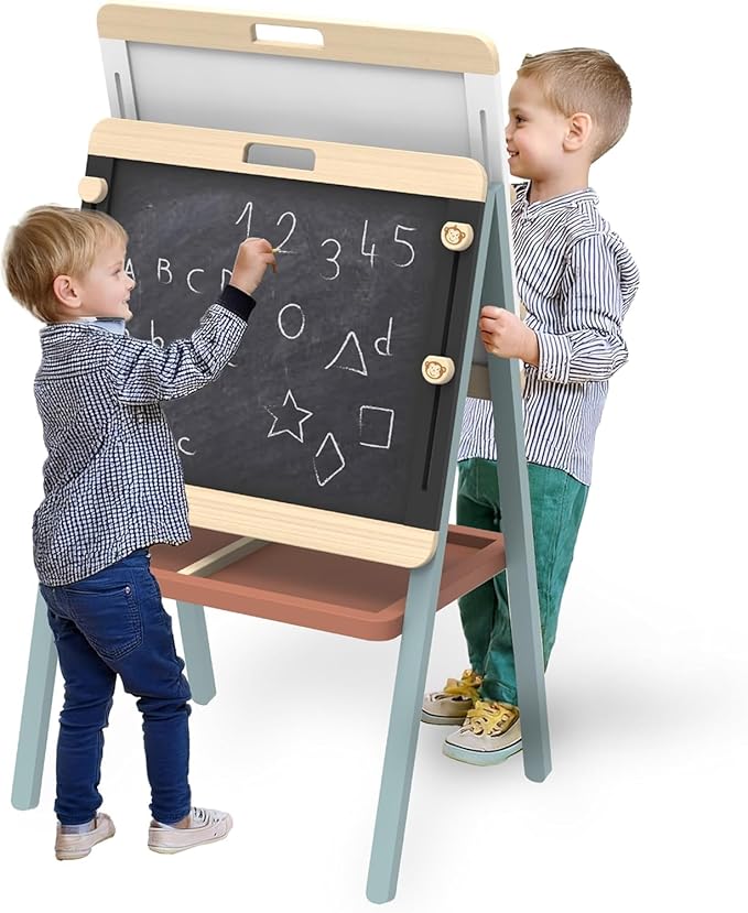 SPEEDY MONKEY Adjustable Wooden Easel for Kids, Double-Sided Chalkboard & Magnetic Whiteboard, Learning Toy for Children, Ideal Holiday Gift for Birthdays