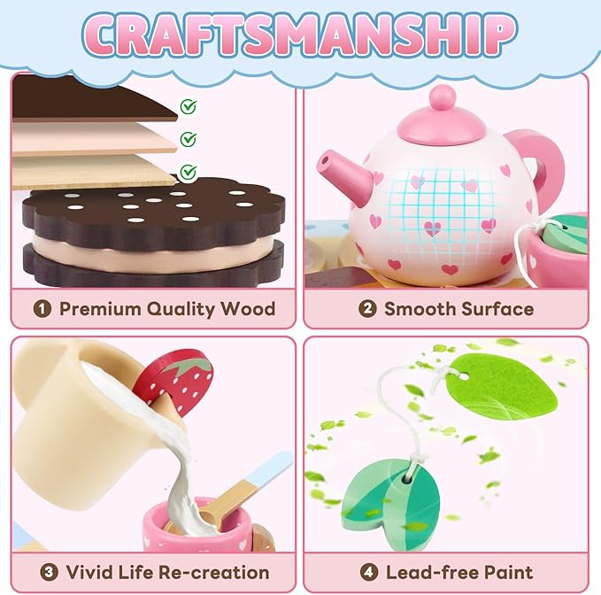 Wooden Tea Set for Little Girls Birthday Gift 2-4 Year Old Princess Toys Play Food Sets for Kids Kitchen Accessories Toddlers 3-5 Outdoor Party 1-3 Pretend Food Dessert Cookies Wood Toy