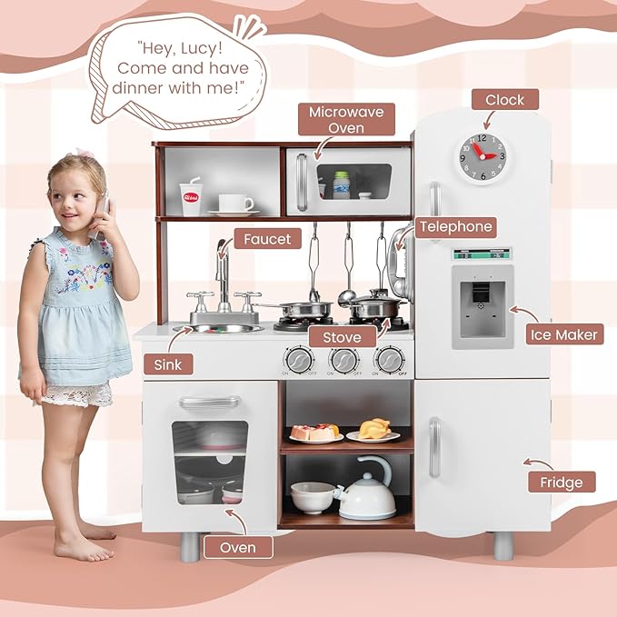 Costzon Kitchen Playset for Kids, Wooden Pretend Cooking Kitchen w/Utensils, Oven, Cabinets, Faucet, Sink & Telephone, Toddlers Play Kitchen Set with Accessories, Gift for Age 3+ (Brown)