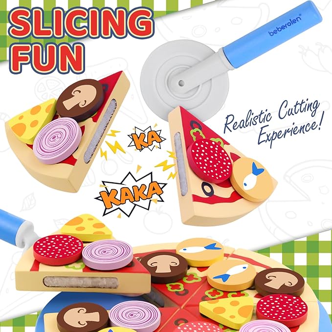 Wooden Pizza Toys for Kids, 24Pcs Cutting Toy Pizza Play Food Set, Pretend Play Kitchen Accessories Wood Cooking Toys for 3 4 5 Year Old Toddlers Boys Girls