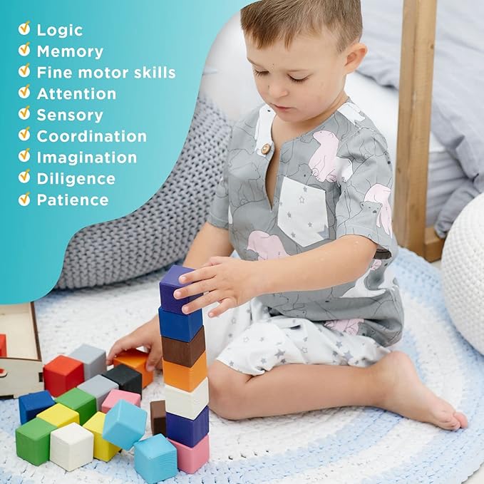 Ulanik Large Colored Cubes Toddler Montessori Toys for 3 Year Old + Kids Wooden Building Blocks Game for Learning Color Sorting and Counting β 25 pcs, 1.6 in
